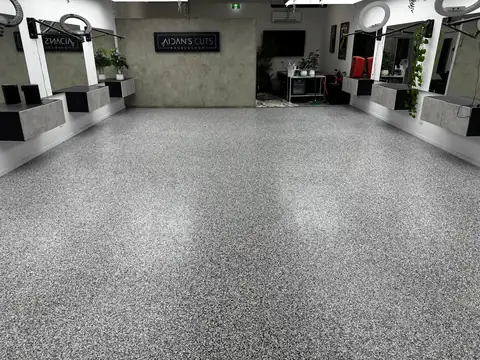 Finished Cookies and Cream flake floor, 85sqm barbershop, Preston
