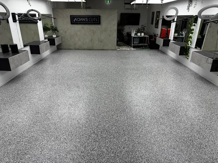 Full-broadcast flake floor, barbershop, Melbourne